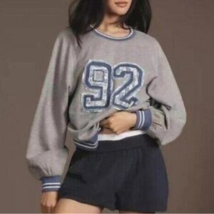 Anthropologie Pilcro Pinny Sweatshirt 92 Embroidered Varsity Patch Gray Blue-S